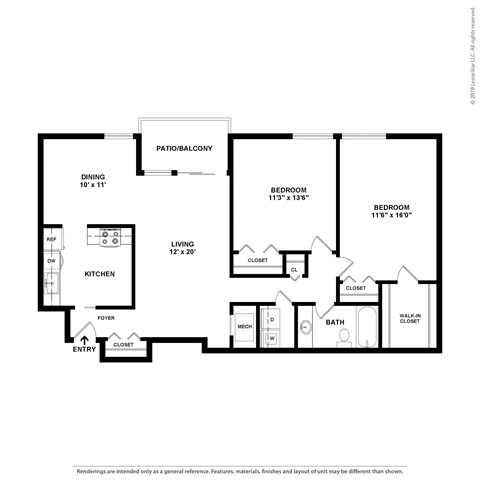 Floor plan for 2 beds, 1 bath, 1133 sqft